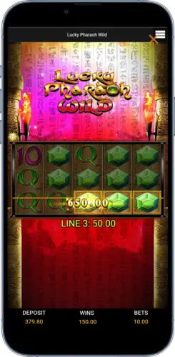 Lucky Pharaoh Wild App Gewinnanzeige mit 650 Euro auf dem Smartphone